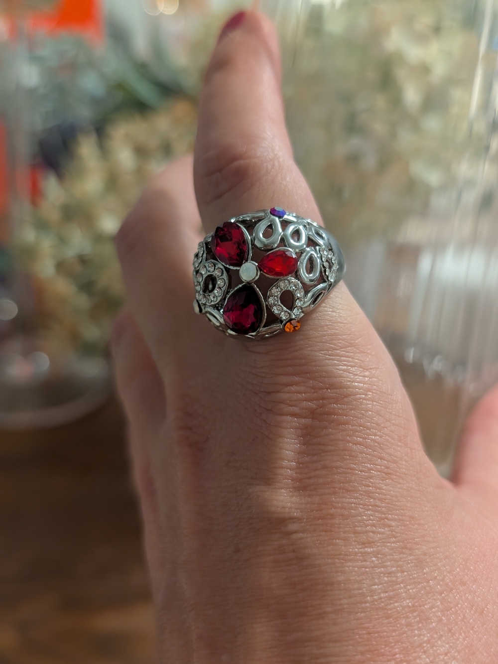 Sterling-Style Filigree Ring with Red Gem Accents